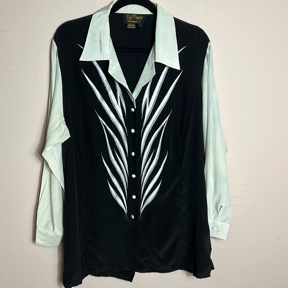 VINTAGE BOB MACKIE SILK WEARABLE ART BLOUSE sage green size M - Picture 1 of 11